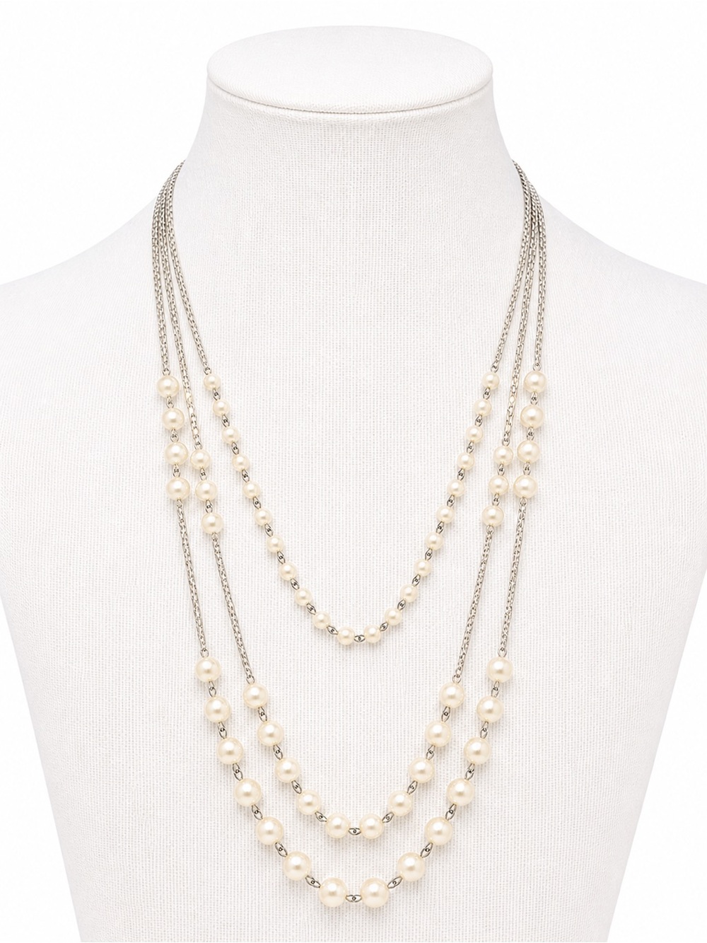 Layered Pearl and Silver Chain‎ Necklace - Cream